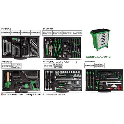 TOPTUL GCAJ0012 W/7-Drawer Tool Trolley - 227PCS Mechanical Tool Set