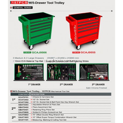 Toptul GCAJ0006 W/5-Drawer Tool Trolley – 157PCS Mechanical Tool Set (GENERAL SERIES) GREEN–(GCAJ0006) Toptul GCAJ0006 W/5-Drawer Tool Trolley – 157PCS Mechanical Tool Set (GENERAL SERIES) GREEN–(GCAJ0006)