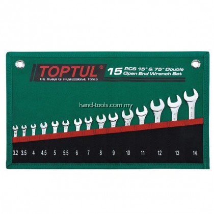 toptul GRAJ1501 15PCS 15° & 75° DOUBLE OPEN END WRENCH SET - POUCH BAG - GREEN (SATIN CHROME FINISHED)