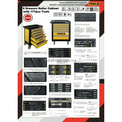 Vorel YT-58540 6 Drawers Roller Cabinet with 177pcs Mechanic Tools Vorel YT-58540 6 Drawers Roller Cabinet with 177pcs Mechanic Tools
