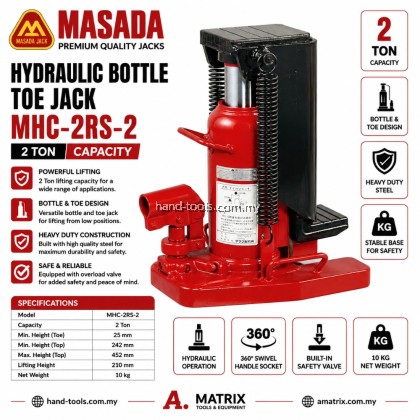 Masada MHC-2RS-2 2 ton Hydraulic Bottle Toe Jack, Toe: 2Ton, Head: 5Ton, Lifting Height: 113m, 13.2kg