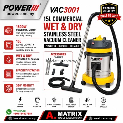VAC3001 15L Commercial Wet & Dry Stainless Steel Vacuum Cleaner 1800W