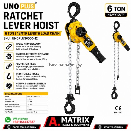 YALE UNOPLUS6000 Ratchet Lever Hoist, 6 Ton, 12mtr Length Load Chain