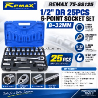 Remax 75-SS125 25PCS BOX SOCKET SET 1/2″ DRIVE 6-point Chrome plated, satin 8-32mm
