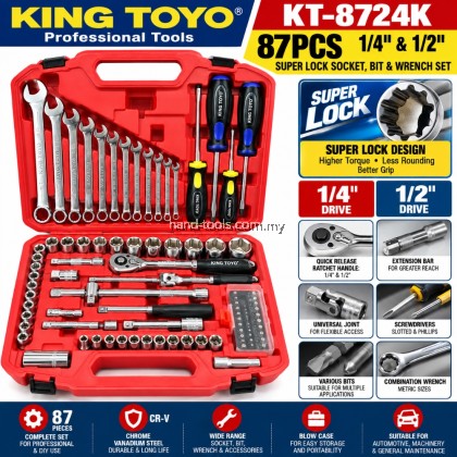 KingToyo kt-8724k 1/4" & 1/2" 87PCS  Super Lock Socket, Bit & Wrench Set